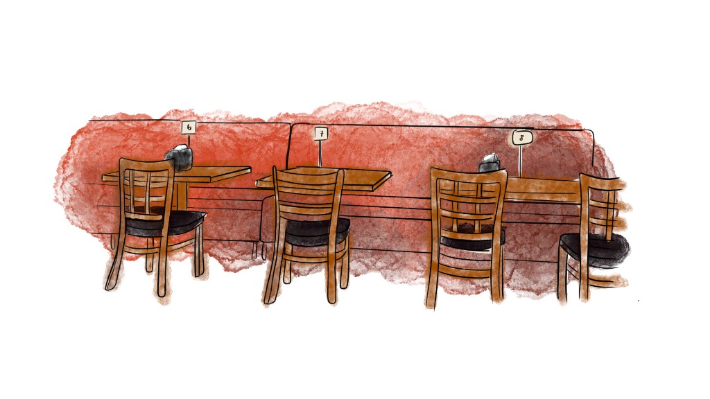 Orange booths at Mylapore cafe